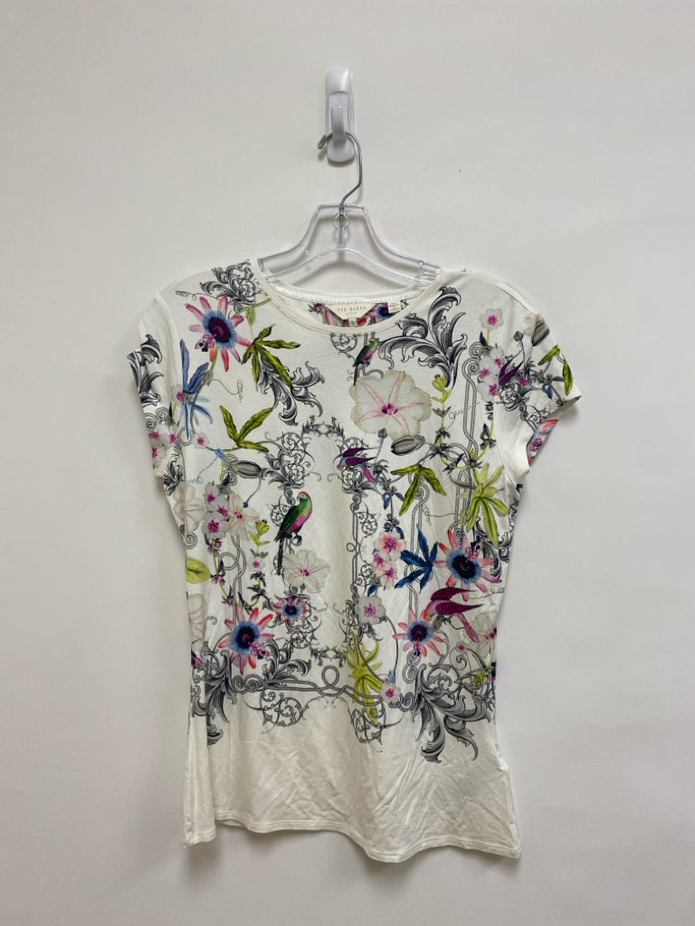 Ted Baker Size 3 White Black/Green Flowers Short Sleeve Ladies Top