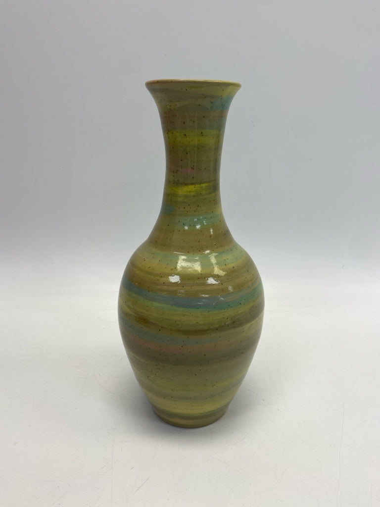Green/Gold Blue/Cream Striped Pottery Vase