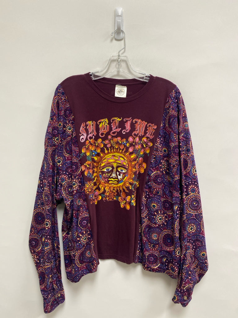 Size 2X Burgundy Purple/Yellow Assorted Print Plus Size Top