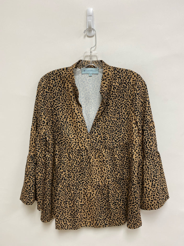 TUCKERNUCK Size S Beige Black Animal Print Bell Sleeves Ladies Top