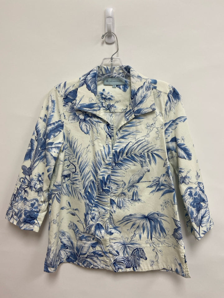 TUCKERNUCK Size S White Blue Tropical Ladies Top