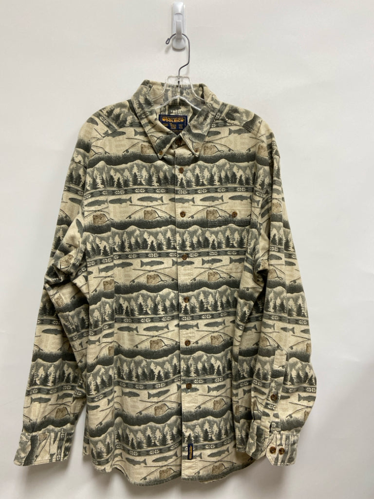 Woolrich Size XXL Cream Green Fish Flannel Men&