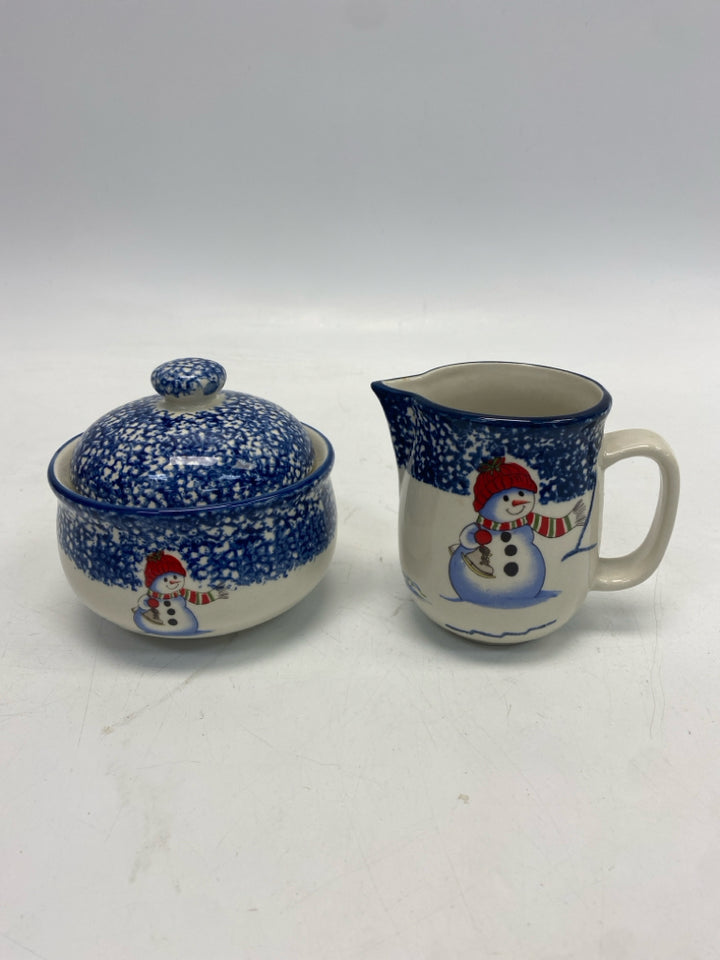 Blue/White Red Snowman Sugar/Creamer