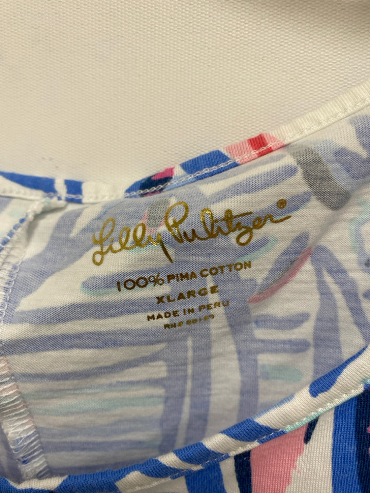 LILLY PULITZER Size XL White/Periwinkle Aqua/Pink Boats 3/4 Sleeve Ladies Dress