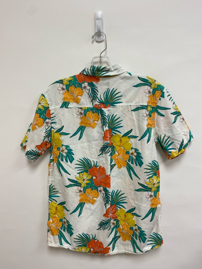 Size S White Teal/Yellow Flowers Button Up Men&