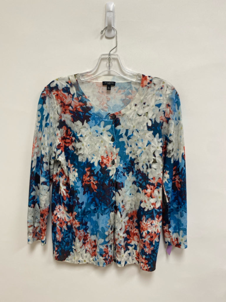 Talbots Size MP White Coral/Blue Flowers Cardigan Petite Sweater