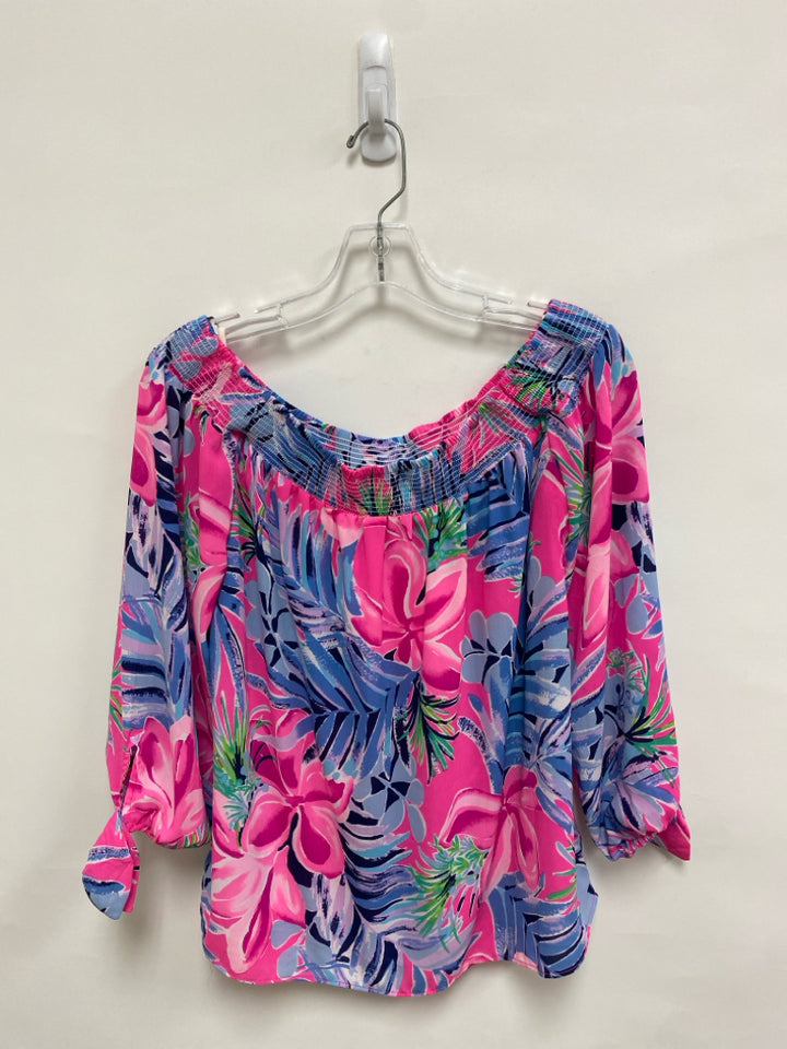 LILLY PULITZER Size S Navy/Blue Pink/Multi Smocking Boat Neck Ladies Top
