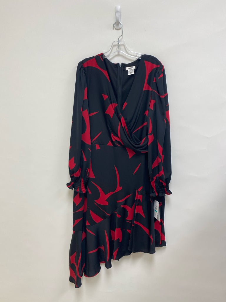 NWT DKNY  SIZE  16 Black Red Shapes Puff Sleeve Plus Size Dress