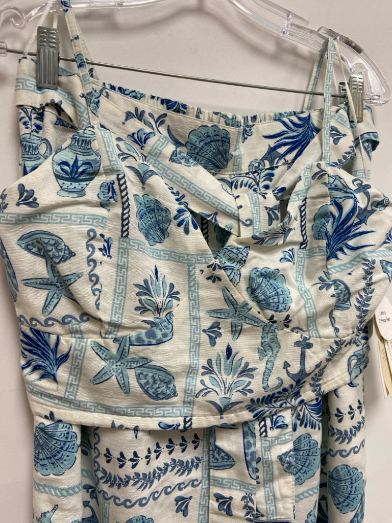 NWT MIDNIGHT SKY Size L White Aqua/Blue Shells Linen Blend Ladies 2pc Pant Set