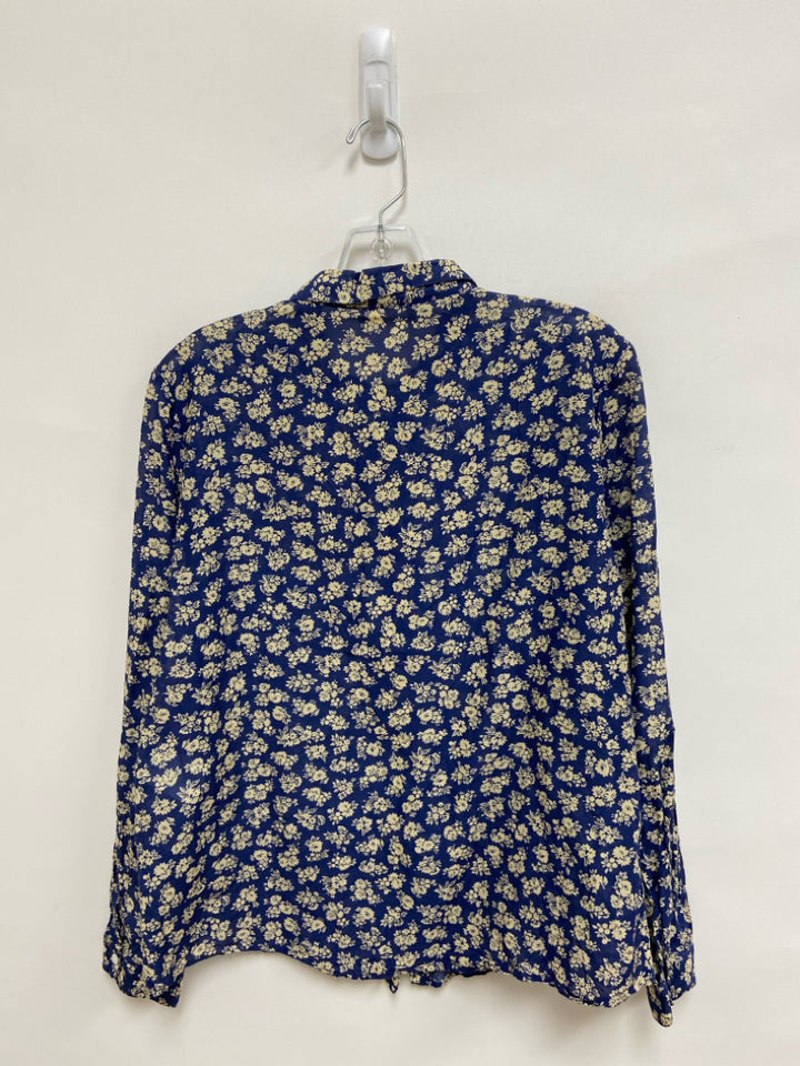 SEZANE Size 8 Navy/Beige Flowers Long Sleeve Ladies Top