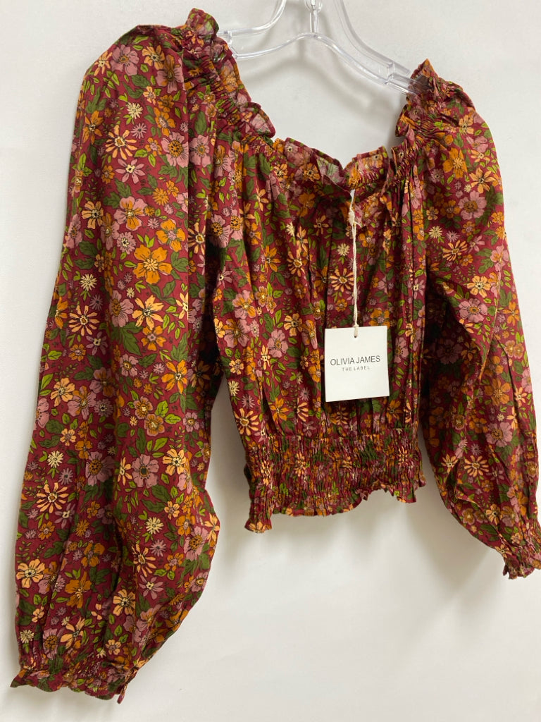 NWT OLIVIA JAMES Size S Burgundy Orange/Green Floral Cropped Ladies Top