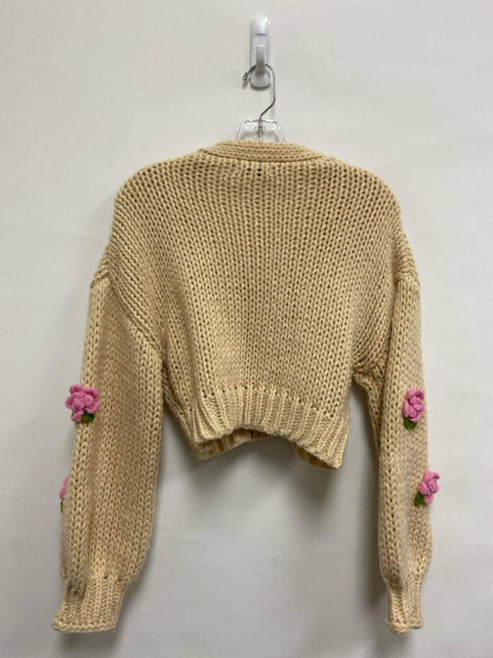 Size S Tan Pink/Green Applique Cardigan Ladies Sweater