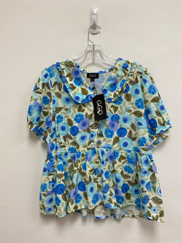 NWT GiGiO Size L Cream/Blue Taupe Floral Puff Sleeve Ladies Top