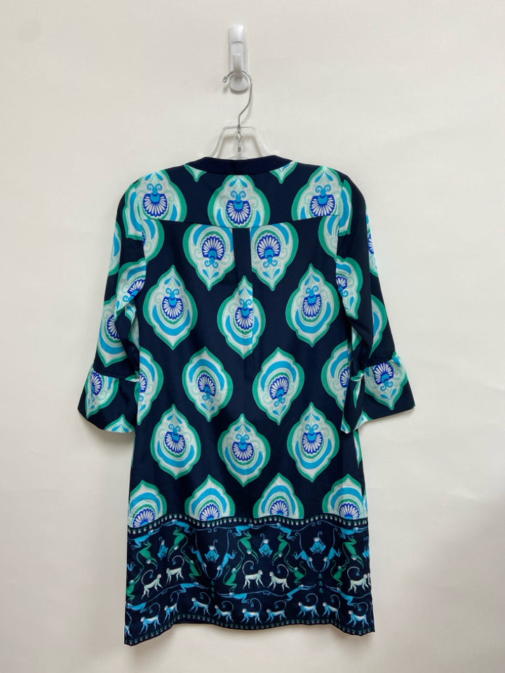 Crown &amp; Ivy Size 2 Navy Turquoise/White Print Ladies Dress