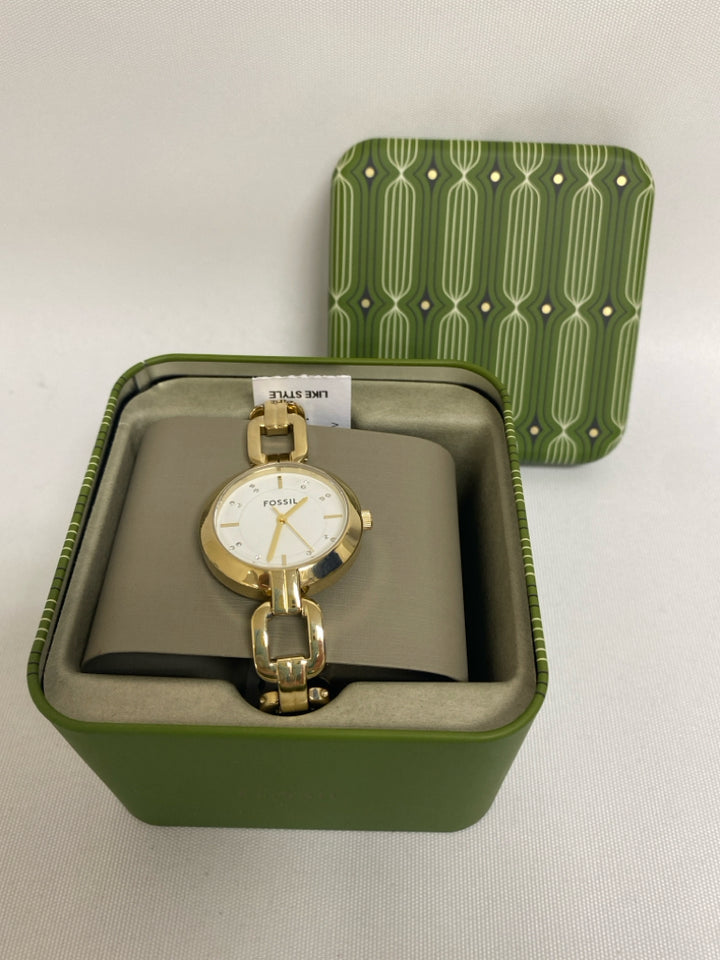 NEW/BOX Fossil Gold Color Clear Jeweled Ladies Wristwatch