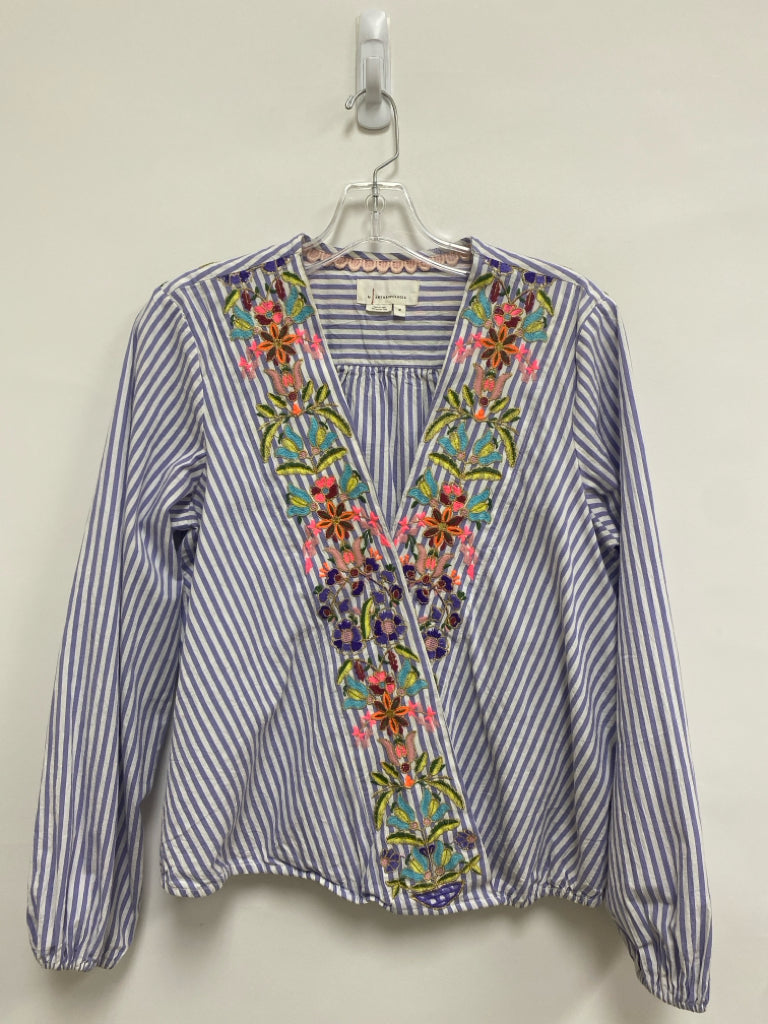 Anthropologie Size M Lavender White Stripes/Flowers Embroidered Ladies Top