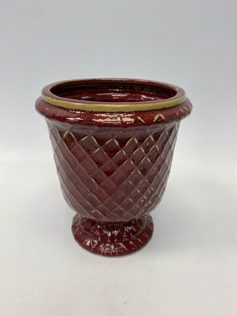 Burgundy Tan Diamond Print Ceramic Planter