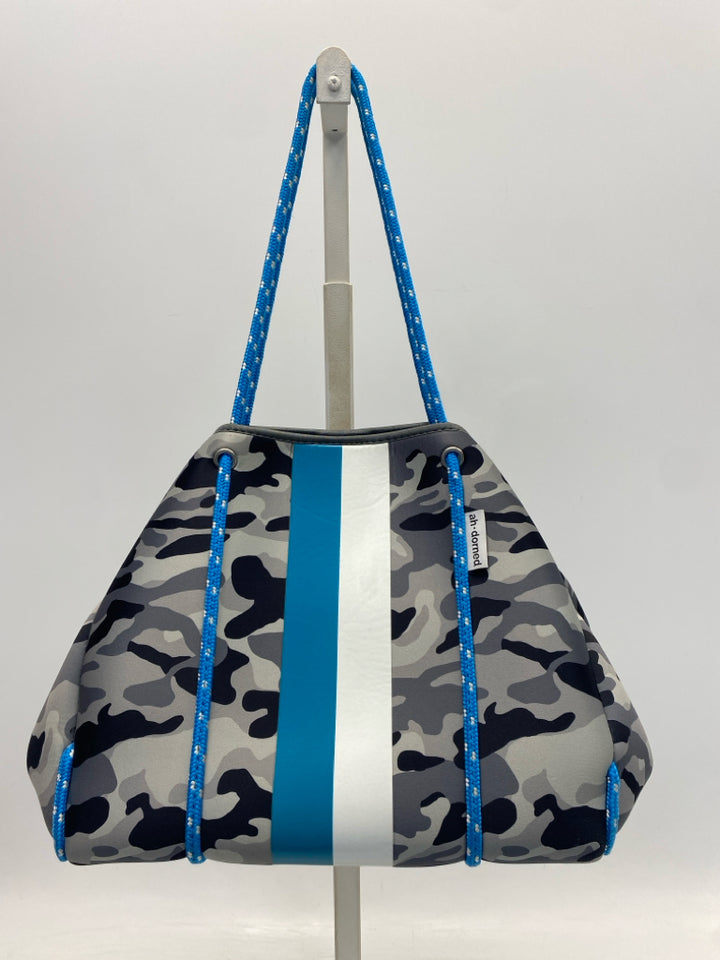 ah dorned Gray Black/Blue Camouflage Neoprene Tote Bag