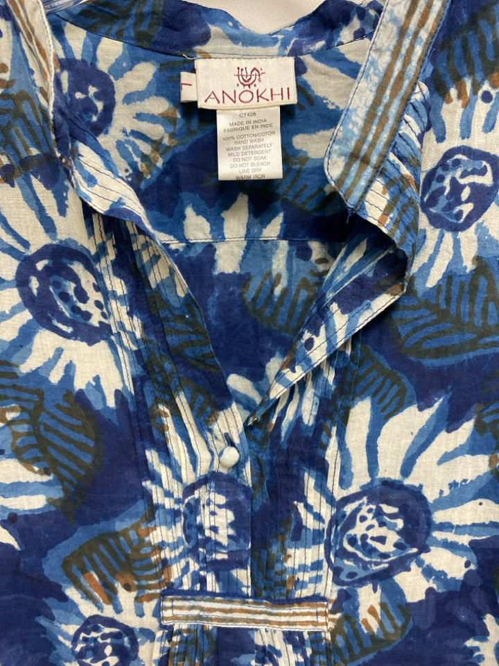 Size L Blue White/Brown Flowers Ladies Top