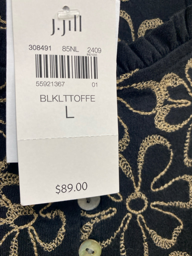 NWT J Jill Size L Black Beige Embroidered 3/4 Sleeve Ladies Top