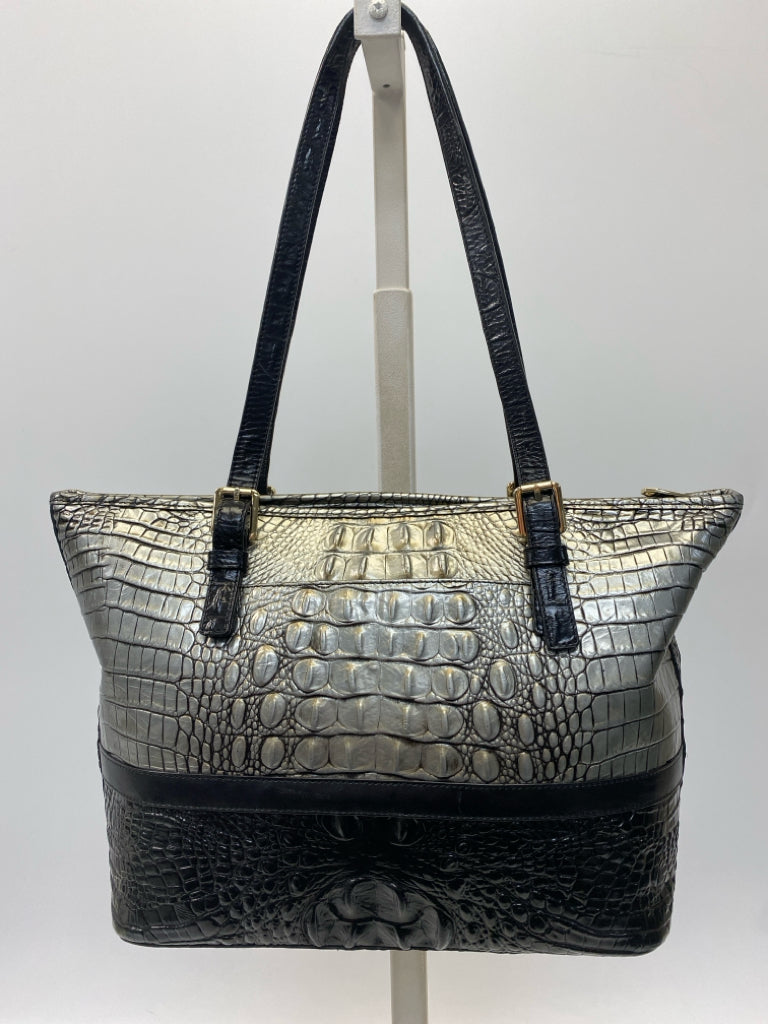 Brahmin Pewter Black Embossed Leather Medium Asher Handbag