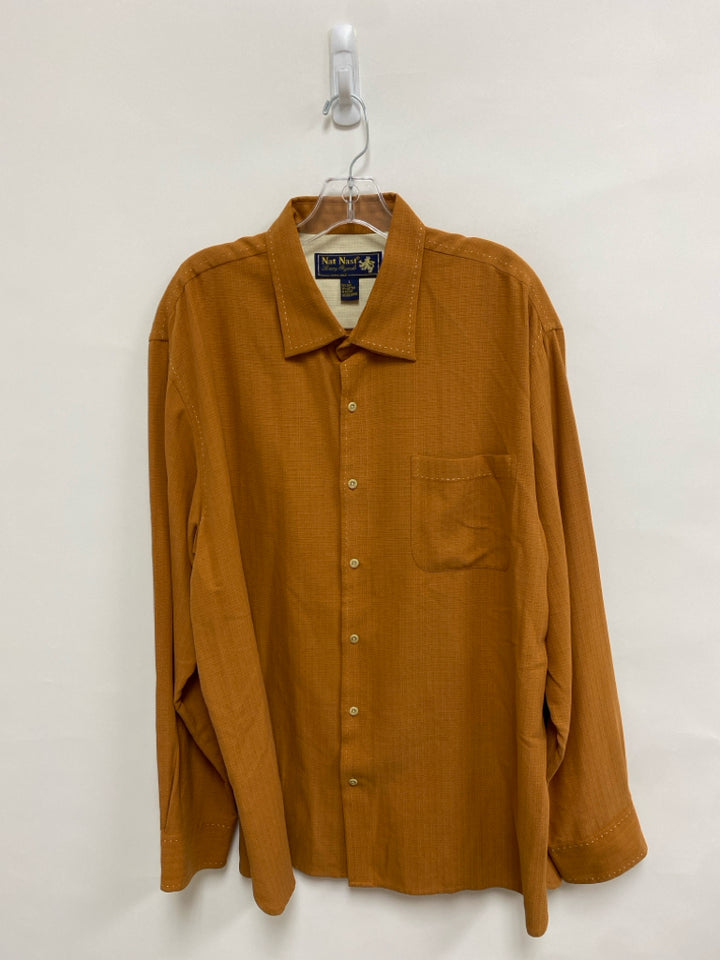 Nat Nast Size L Dark Tan Button Up Silk Blend Men&