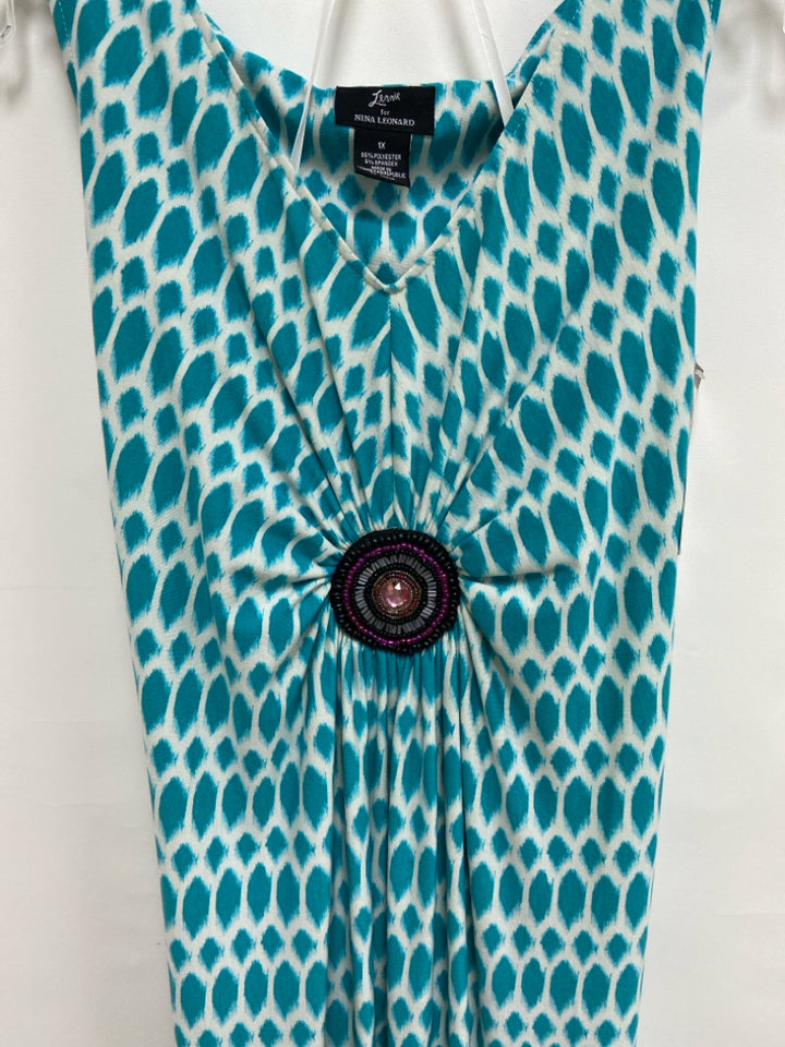 NWT Nina Leonard  SIZE  1X Aqua/White Animal Print Maxi Plus Size Dress