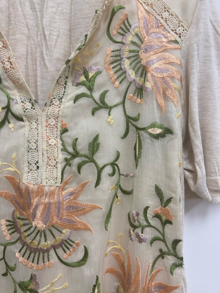 Tiny Size S Beige Green/Multi Flowers Embroidered Ladies Top