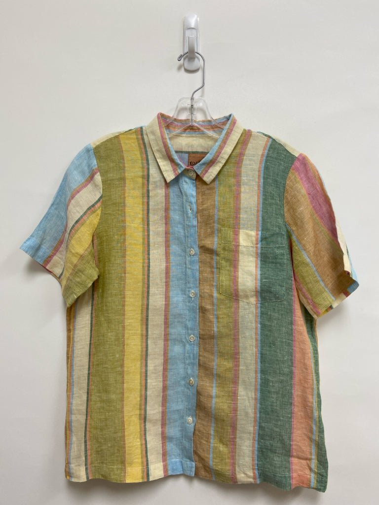 Size 10 Cream/Green Yellow/Multi Striped Button Up Linen Ladies Top