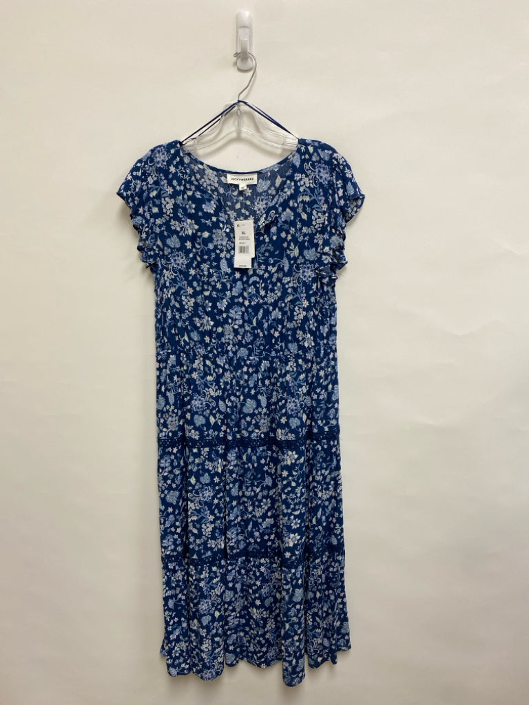 NWT Lucky Brand Size XL Navy Blue/Cream Flowers Tiered Ladies Dress