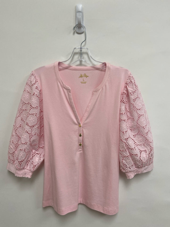 LILLY PULITZER Size L Pale Pink Flowers Eyelet Ladies Top