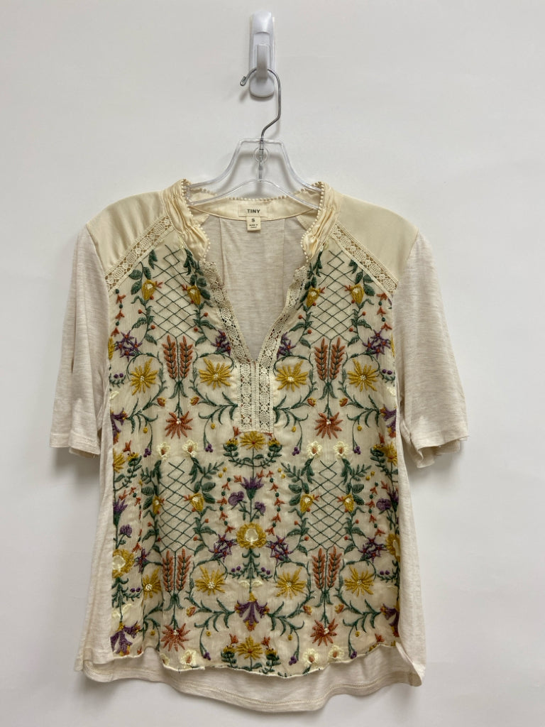 Tiny Size S Oatmeal Green/Multi Flowers Embroidered Ladies Top