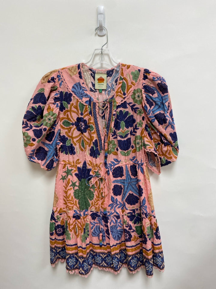 farmrio Size S Pink/Green Navy/Tan Assorted Print Puff Sleeve Ladies Dress