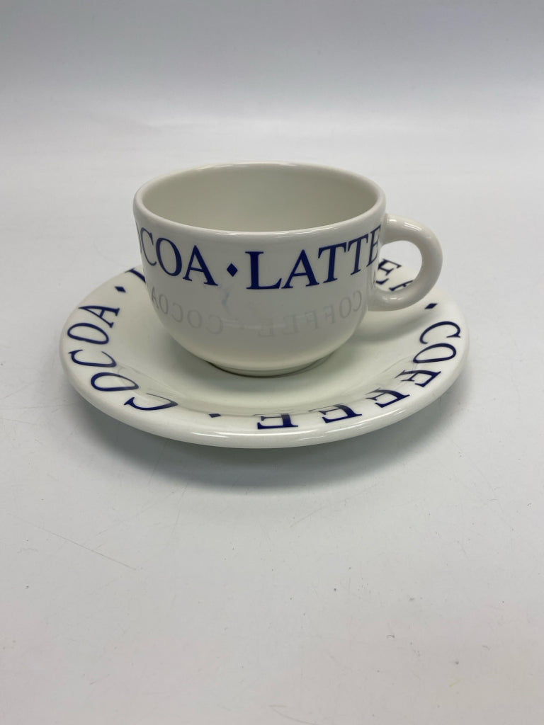 White Blue Words Cup/Saucer