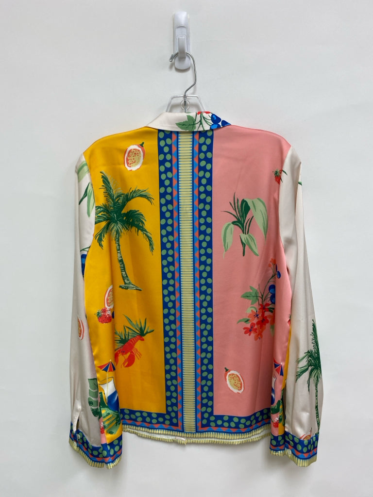 Skies Are Blue Size M Gold Cream/Multi Tropical Button Up Ladies Top