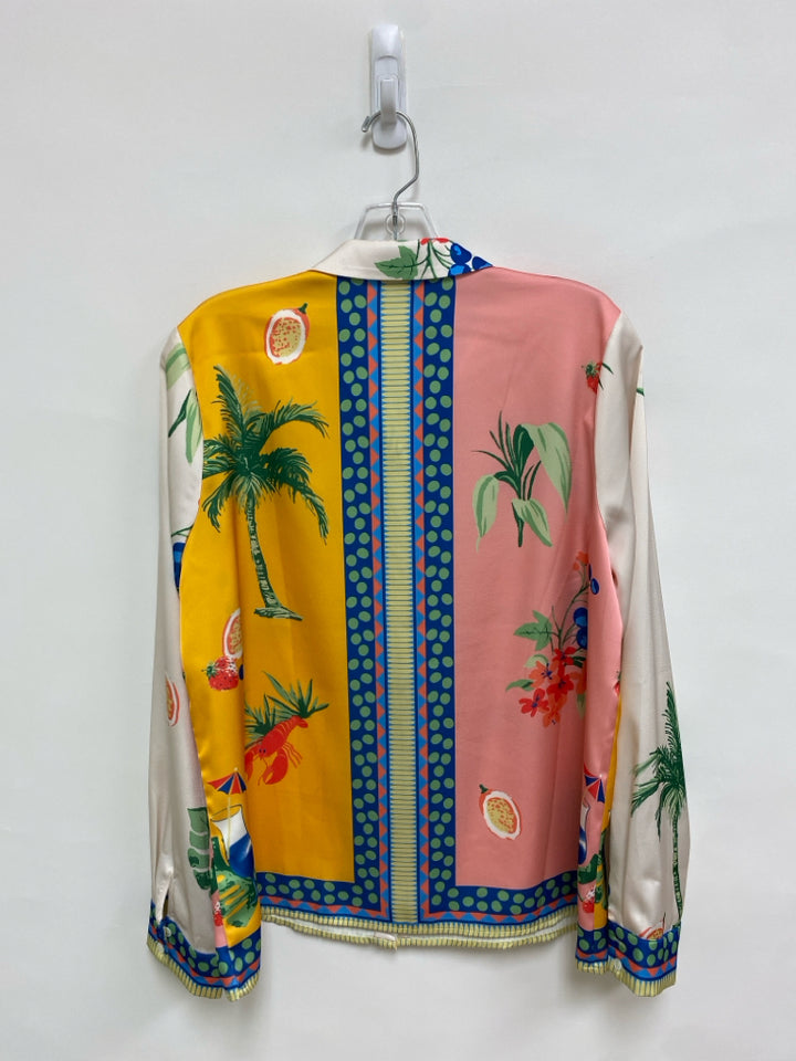 Skies Are Blue Size M Gold Cream/Multi Tropical Button Up Ladies Top