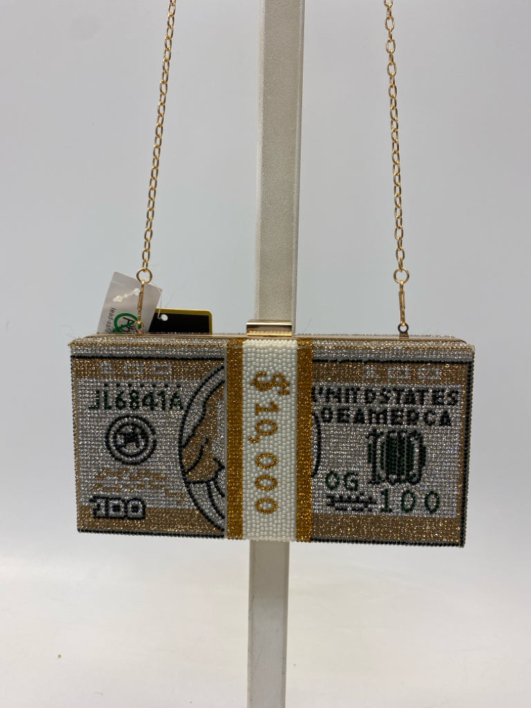 NWT Caleesa Gold White Rhinestone(s) Money Print Handbag