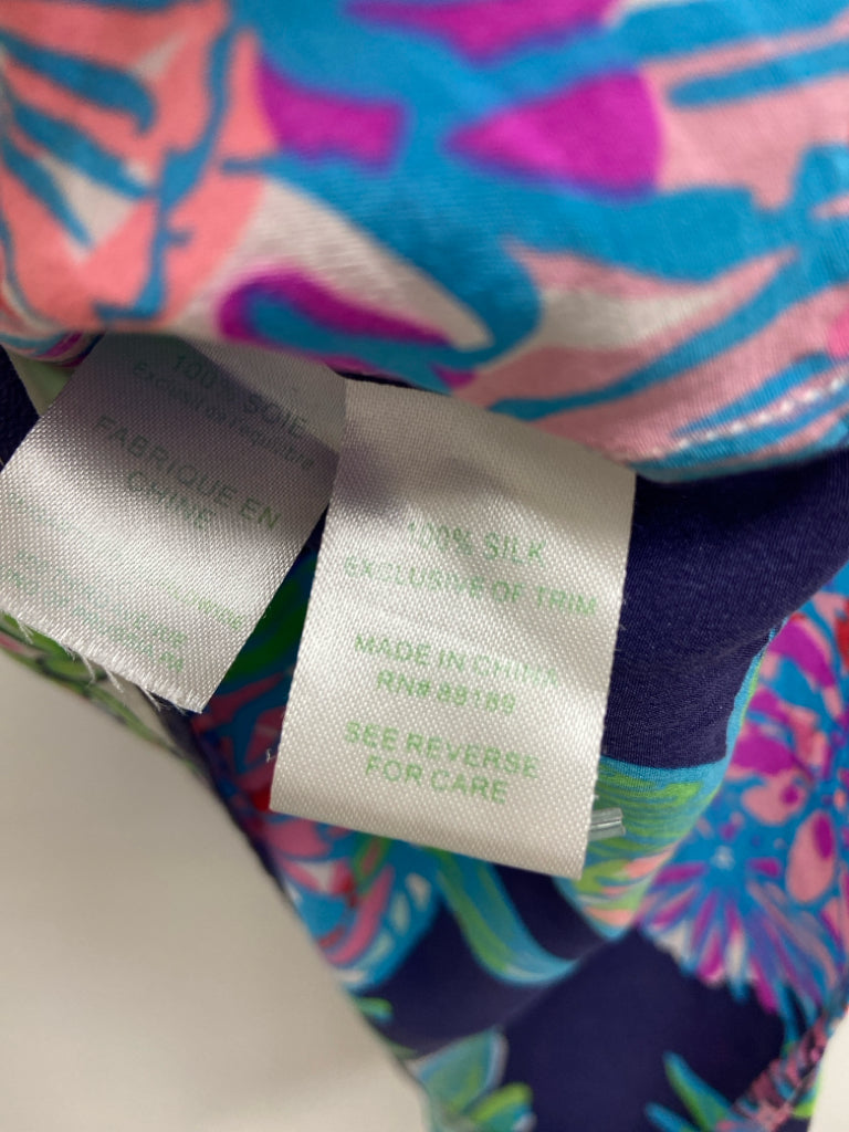 LILLY PULITZER Size L Blue Pink/White Floral Sleeveless Silk Ladies Top