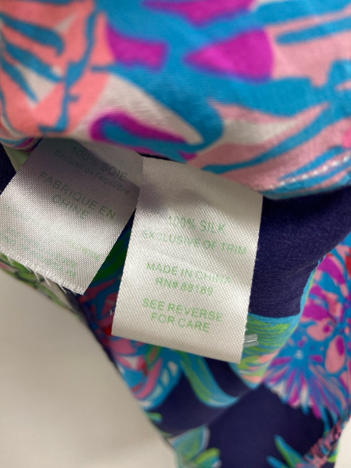 LILLY PULITZER Size L Blue Pink/White Floral Sleeveless Silk Ladies Top