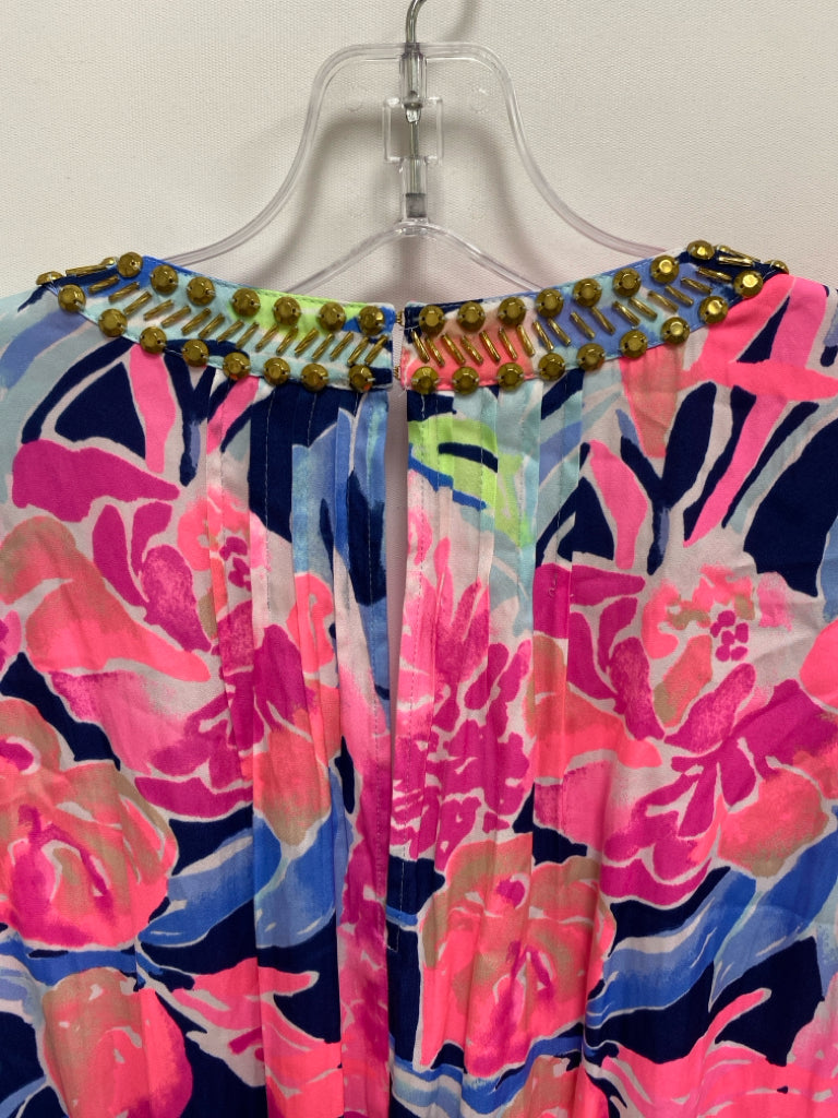 LILLY PULITZER Size S Navy/Pink Blue/Green Bell Sleeves Silk Ladies Romper