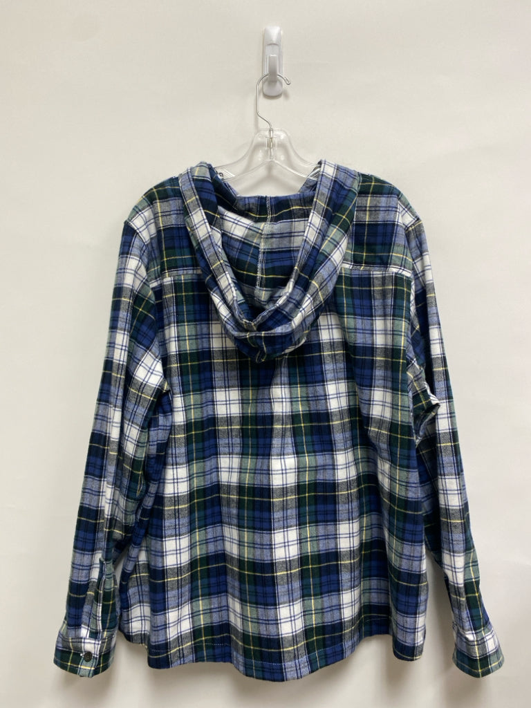 L L Bean Size XXL Navy White/Green Plaid Flannel Plus Size Top