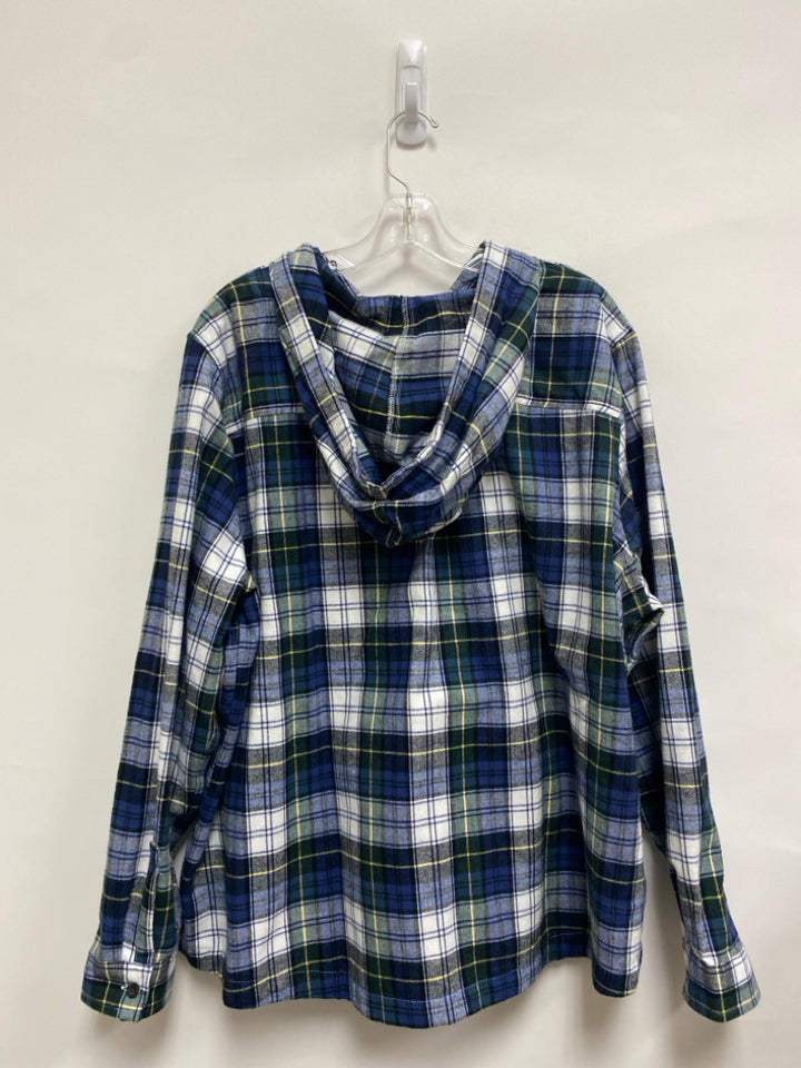 L L Bean Size XXL Navy White/Green Plaid Flannel Plus Size Top
