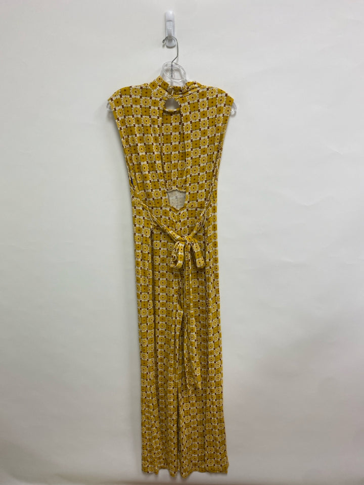 Free People Size L Yellow White/Brown Sunflower Sleeveless Ladies Jumpsuit
