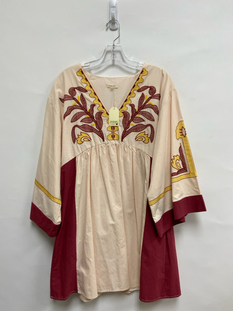 NWT Jodifl Size L Cream/Yellow Burgundy Embroidered Bell Sleeves Ladies Dress