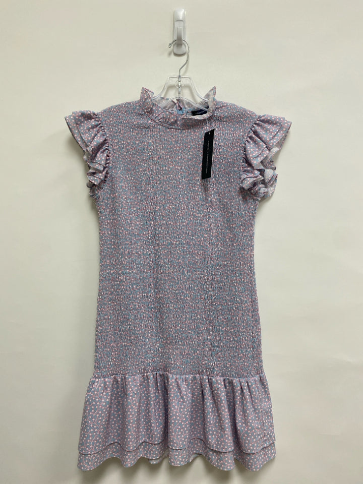NWT French Connection Size M Dusty Blue Pink/White Smocking Ladies Dress