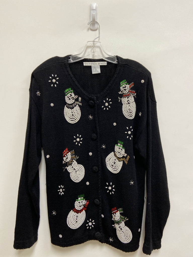 Size M Black White Snowman Button Up Beaded Ladies Sweater