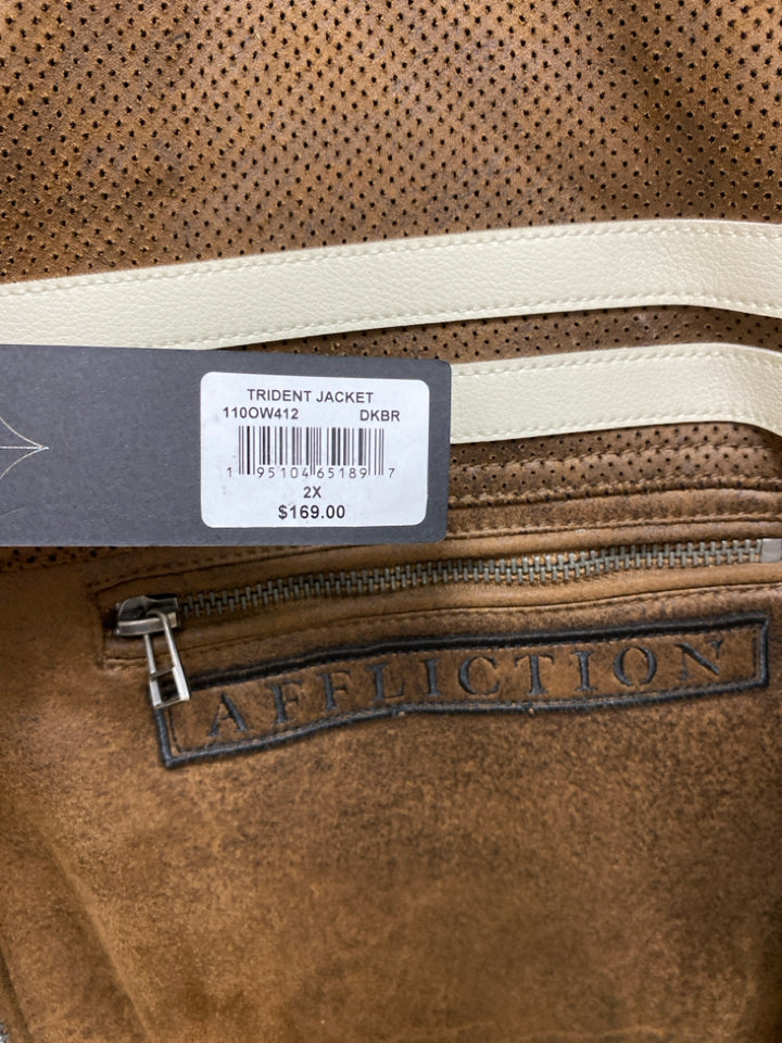 NWT Affliction Size XXL Brown/Cream Trimmed Faux Leather Men&