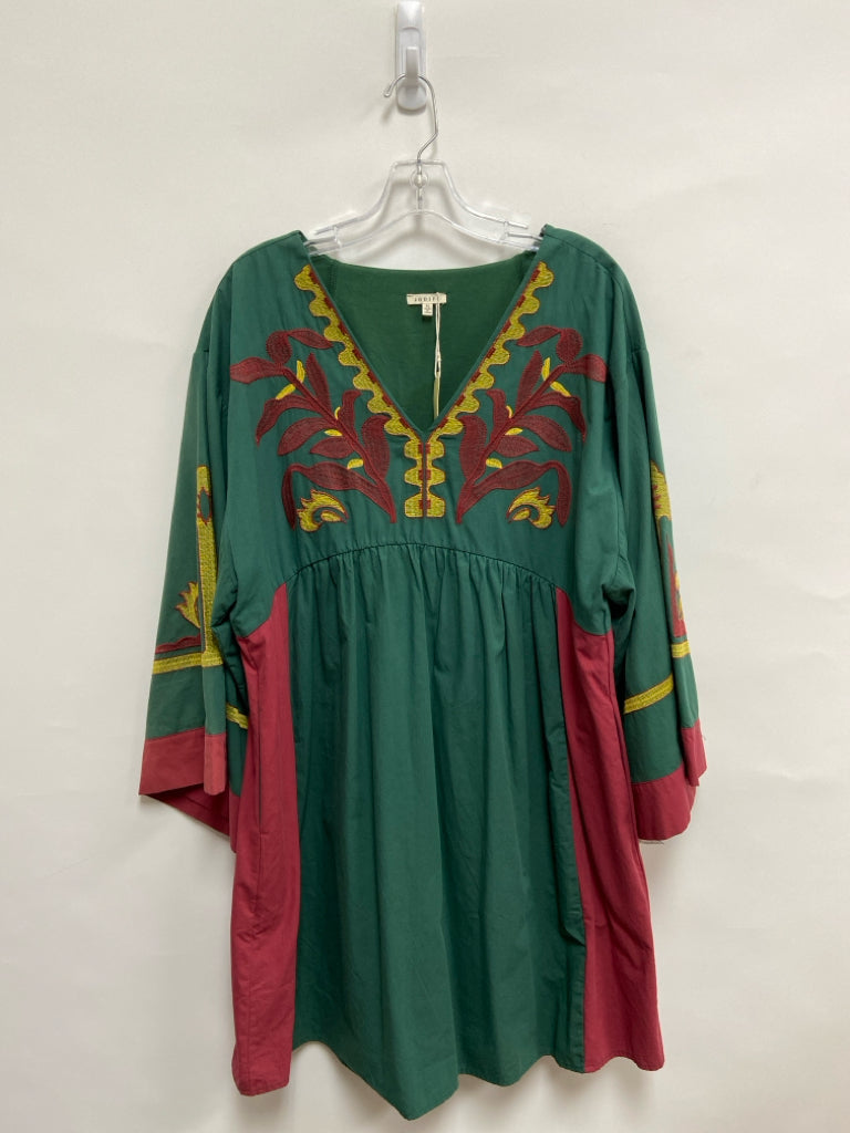 NWT Jodifl Size XL Green/Yellow Burgundy Embroidered Bell Sleeves Ladies Dress