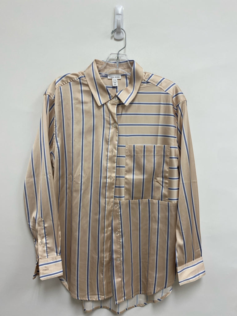 Tribal Size XS Beige White/Blue Stripes Button Down Ladies Top