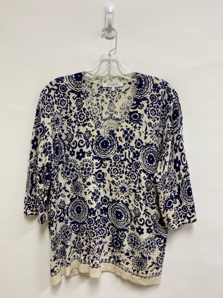 Size 4 Beige Navy Medallion 3/4 Sleeve Linen Blend Ladies Sweater